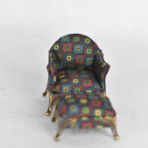 Dollhouse Miniature Upholstered Chair & Ottoman Black Multi Color